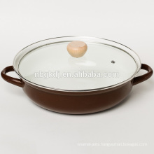 enamel hot pot in color body with glass lid and wooden knob